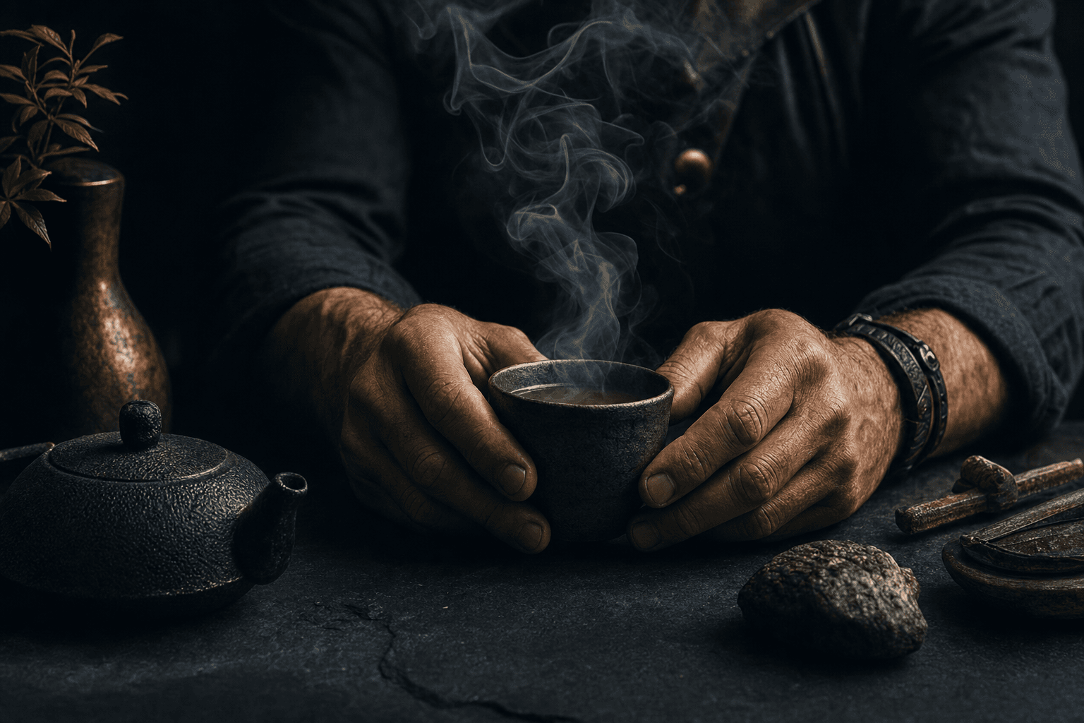 A strong pair of hands holding a steaming cup of tea on dark slate